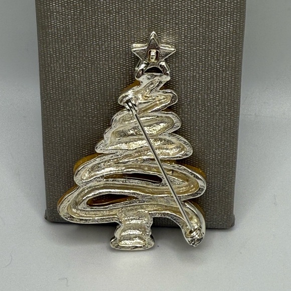 Vintage Enamel Yellow Sparkle Ribbon Christmas Tree Brooch Pin - Picture 2 of 3